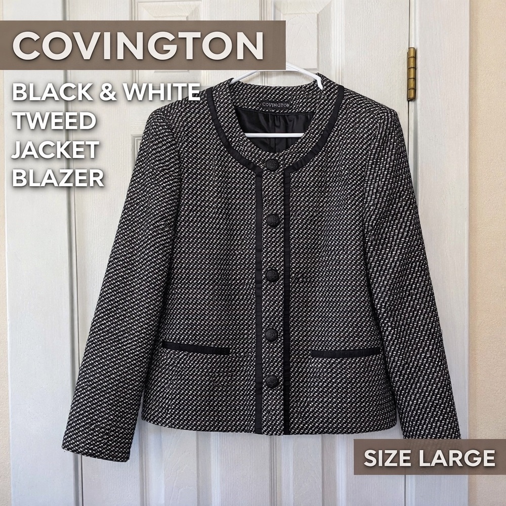 Covington Black White Tweed‎ Jacket Blazer Size Large Button Front Old Money